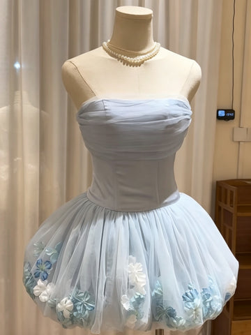 Strapless Short Light Blue Floral Prom Dresses, Short Light Blue Floral Formal Homecoming Dresses