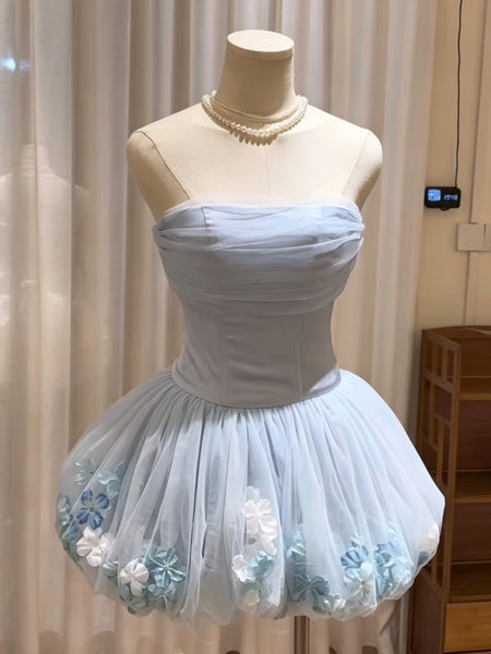 Strapless Short Light Blue Floral Prom Dresses, Short Light Blue Floral Formal Homecoming Dresses