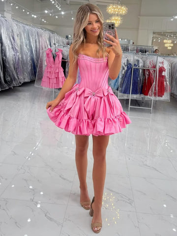 Strapless Short Pink Beaded Prom Dresses with Butterfly, Short Butterfly Homecoming Formal Dresses