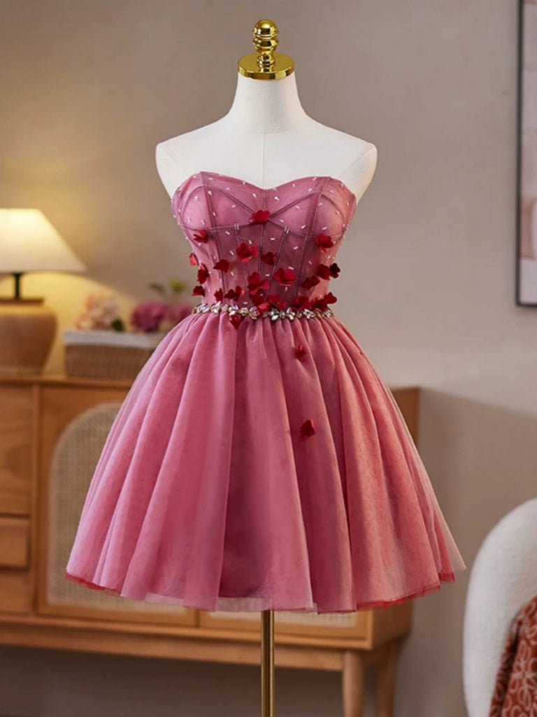 Strapless Short Pink Floral Prom Dresses, Short Pink Floral Formal Homecoming Dresses