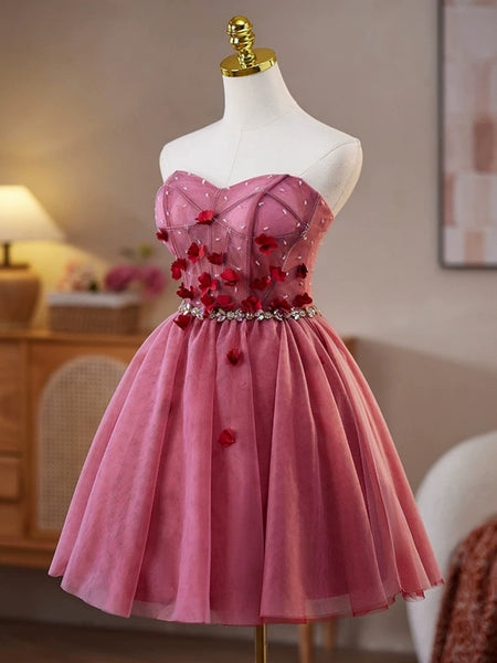 Strapless Short Pink Floral Prom Dresses, Short Pink Floral Formal Homecoming Dresses