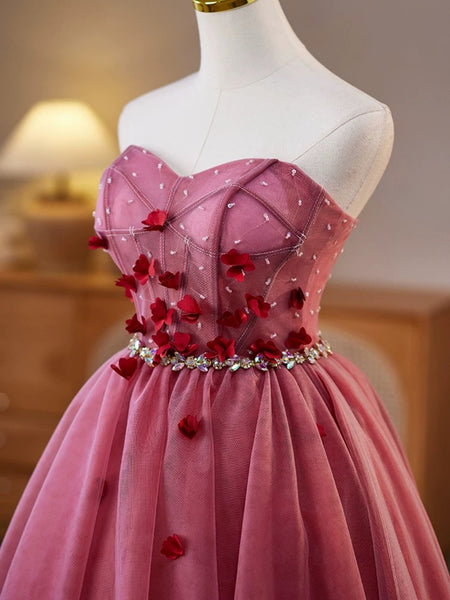 Strapless Short Pink Floral Prom Dresses, Short Pink Floral Formal Homecoming Dresses