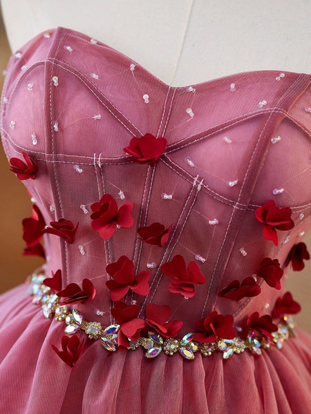 Strapless Short Pink Floral Prom Dresses, Short Pink Floral Formal Homecoming Dresses