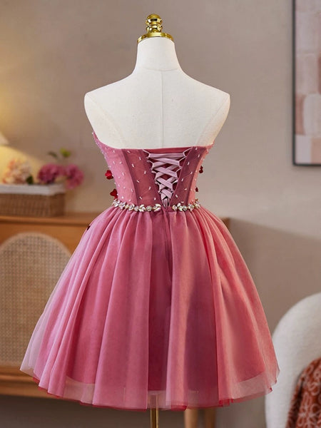 Strapless Short Pink Floral Prom Dresses, Short Pink Floral Formal Homecoming Dresses