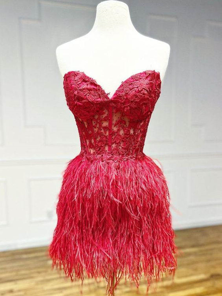 Strapless Short Pink Red White Purple Black Feather Prom Dresses, Shor jbydress Strapless Short Pink Red White Purple Black Feather Prom Dresses, Shor jbydress