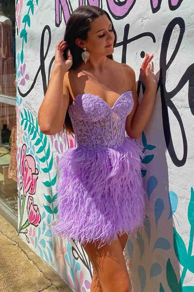 Strapless Short Pink Red White Purple Black Feather Prom Dresses, Short Feather Formal Homecoming Dresses