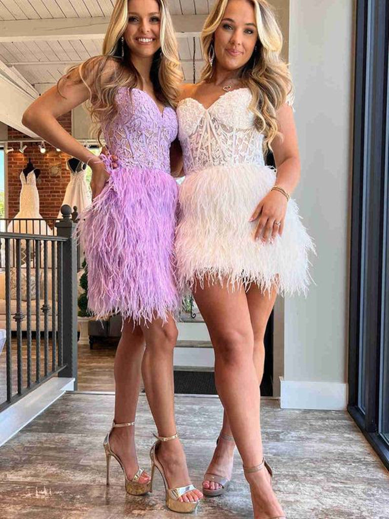 short feather prom dress Sequin Short Prom Dress with Feather Hem Black / 4