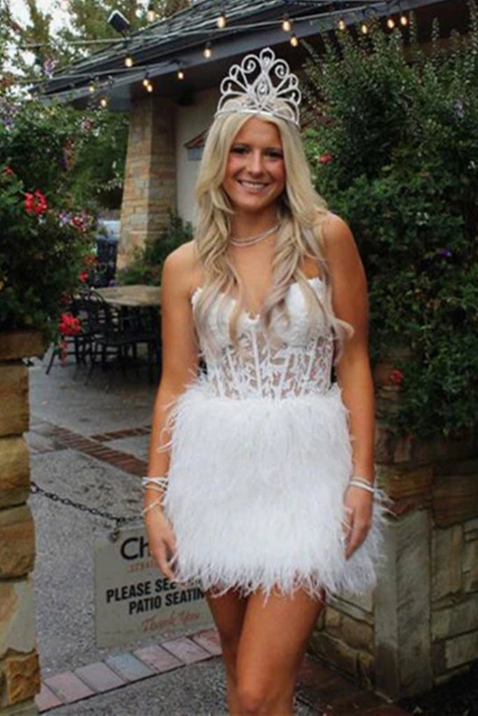 short white feather prom dress Bronx Banco Lola Blanc Mini Feather Dress in White