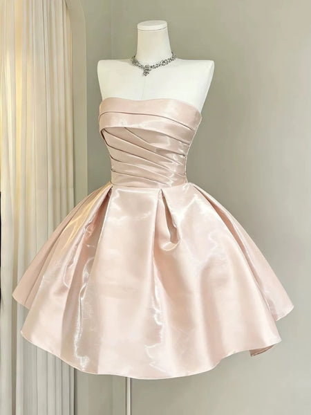 Strapless Short Pink Satin Prom Dresses, Cute Short Pink Graduation Homecoming Dresses