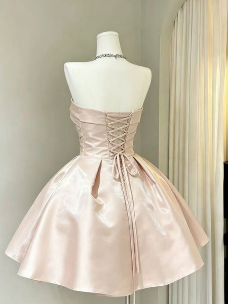 Strapless Short Pink Satin Prom Dresses, Cute Short Pink Graduation Homecoming Dresses