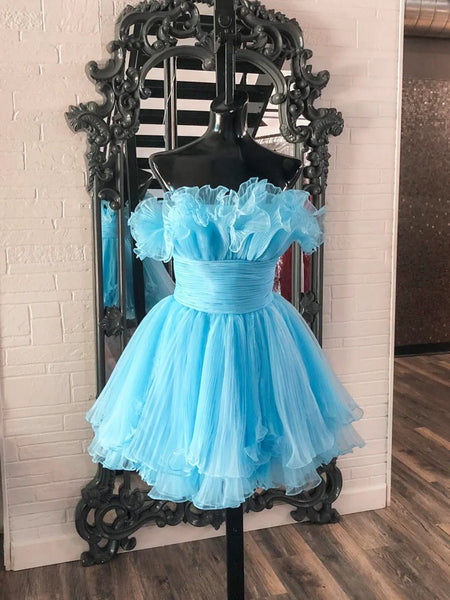 Strapless Short Pleated Blue Ruffle Tiered Prom Dresses, Short Blue Pleated Homecoming Dresses