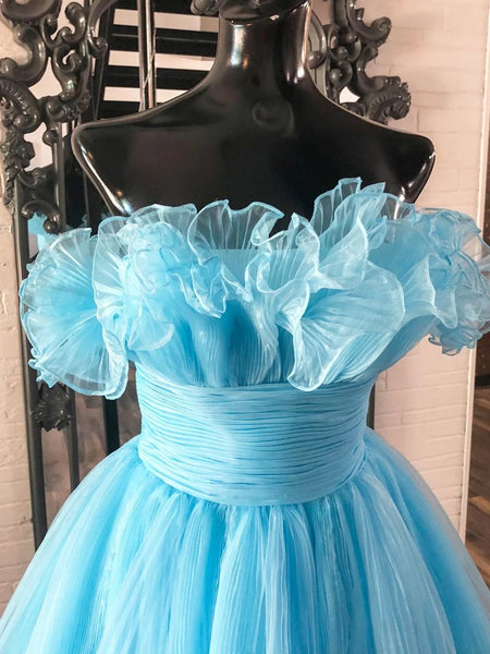 Strapless Short Pleated Blue Ruffle Tiered Prom Dresses, Short Blue Pleated Homecoming Dresses