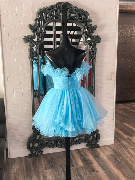 Strapless Short Pleated Blue Ruffle Tiered Prom Dresses, Short Blue Pleated Homecoming Dresses