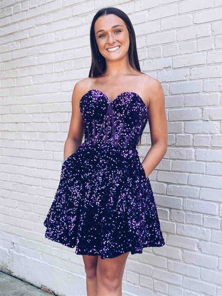 Strapless Short Royal Blue Champagne Purple Sequins Prom Dress, Short jbydress Strapless Short Royal Blue Champagne Purple Sequins Prom Dress, Short jbydress