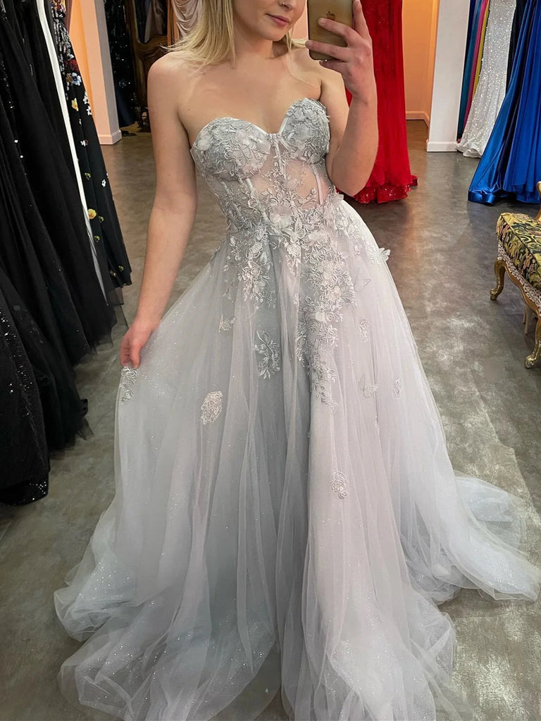 Strapless Silver Gray Long Lace Floral Prom Dresses, Silver Gray Long Lace Floral Formal Evening Dresses