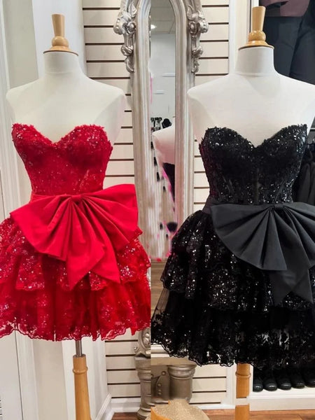 Strapless Sweetheart Neck Red/Black Lace Prom Dresses, Short Red/Black Lace Homecoming Dresses