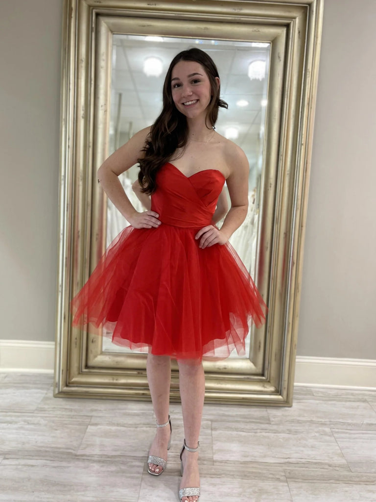 Strapless Sweetheart Neck Red Tulle Prom Dresses, Short Red Homecoming jbydress Strapless Sweetheart Neck Red Tulle Prom Dresses, Short Red Homecoming jbydress