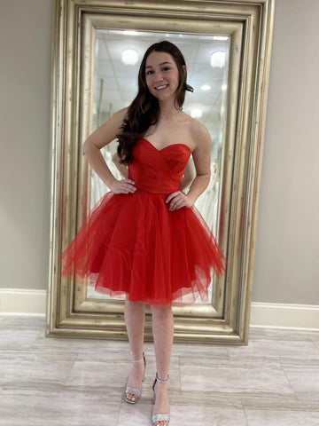 Strapless Sweetheart Neck Red Tulle Prom Dresses, Short Red Homecoming Dresses