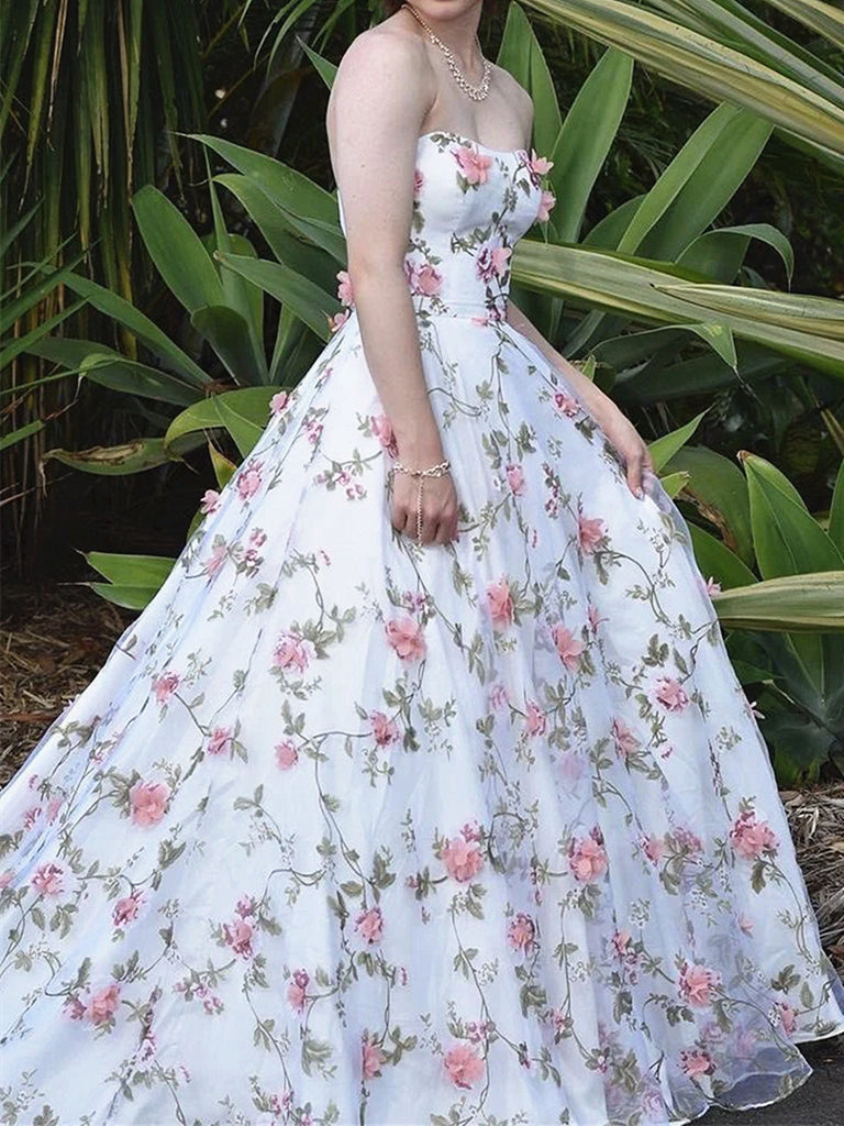 Strapless White 3D Floral Lace Long Prom Dress, Strapless White 3D Flo jbydress Strapless White 3D Floral Lace Long Prom Dress, Strapless White 3D Flo jbydress