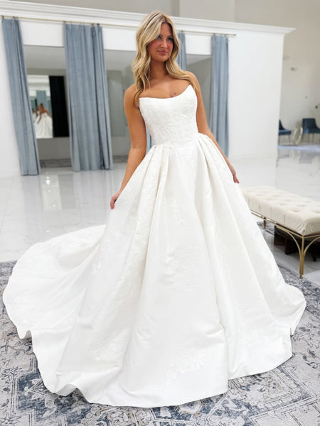 Strapless White Lace Wedding Dresses, White Lace Bridal Gowns, Bridal Dresses