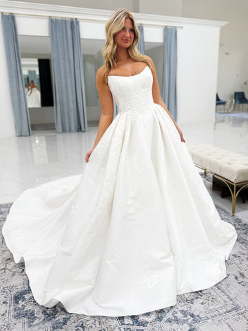 Strapless White Lace Wedding Dresses, White Lace Bridal Gowns, Bridal Dresses