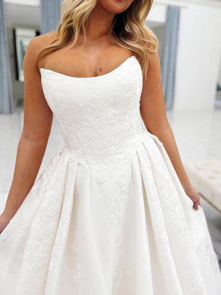 Strapless White Lace Wedding Dresses, White Lace Bridal Gowns, Bridal Dresses