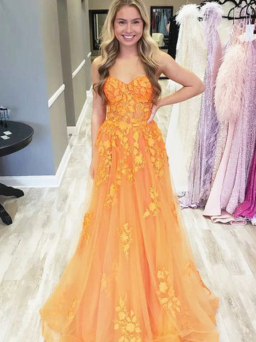 Strapless Yellow Lace Long Prom Dresses, Strapless Yellow Lace Formal Evening Dresses