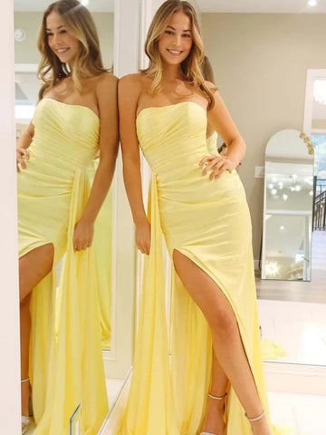 Strapless Yellow Mermaid Satin Long Prom Dresses with Slit, Mermaid Strapless Yellow Long Formal Evening Dresses