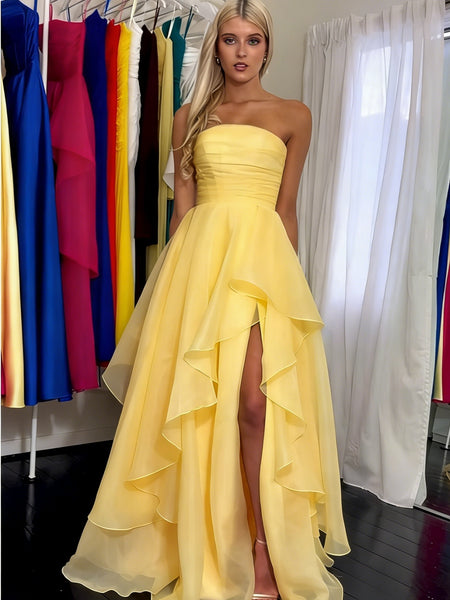 Strapless Yellow Organza Prom Dresses, Strapless Pleated Layered Yellow Organza Formal Dresses