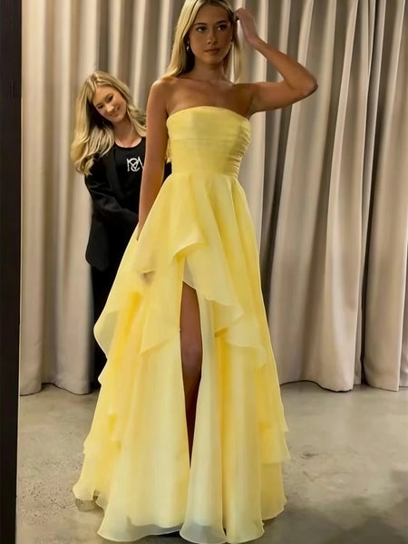 Strapless Yellow Organza Prom Dresses, Strapless Pleated Layered Yellow Organza Formal Dresses