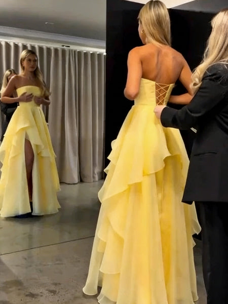 Strapless Yellow Organza Prom Dresses, Strapless Pleated Layered Yellow Organza Formal Dresses