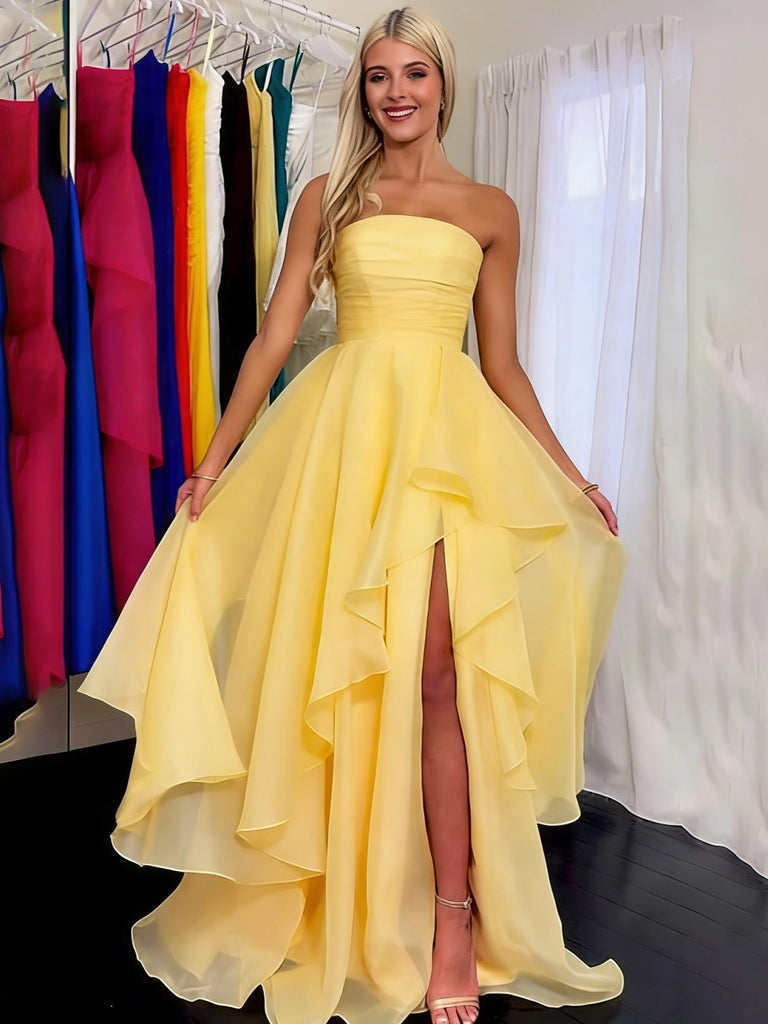 Strapless Yellow Organza Prom Dresses, Strapless Pleated Layered Yellow Organza Formal Dresses