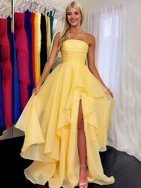 Strapless Yellow Organza Prom Dresses, Strapless Pleated Layered Yellow Organza Formal Dresses
