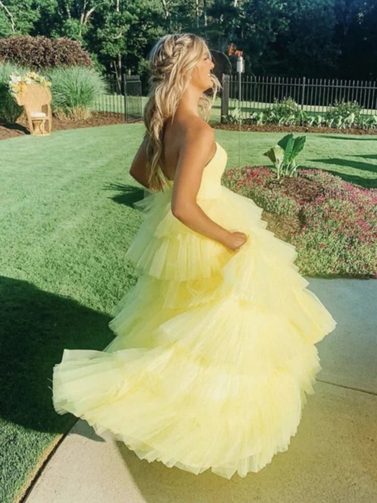 Strapless Yellow Tulle Layered Long Prom Dresses, Long Yellow Formal G