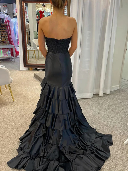 Strapless Black Mermaid Lace Prom Dresses, Black Mermaid Lace Formal Evening Dresses