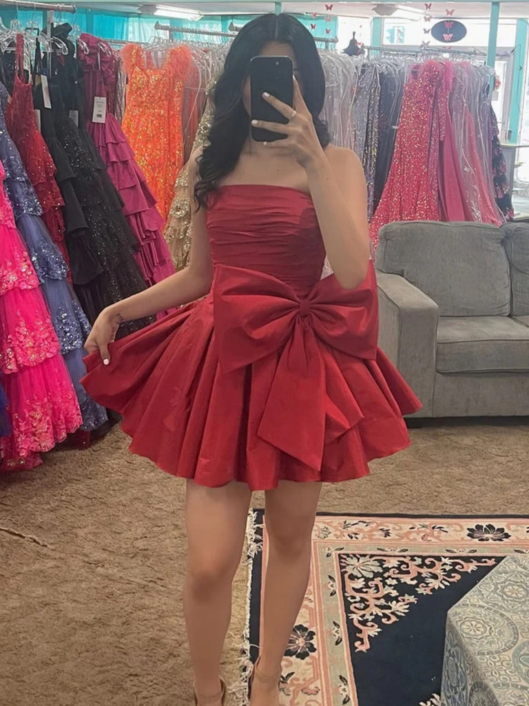 Straplss Short Red Black Prom Dress with Bow, Short Red Black Formal H jbydress Straplss Short Red Black Prom Dress with Bow, Short Red Black Formal H jbydress