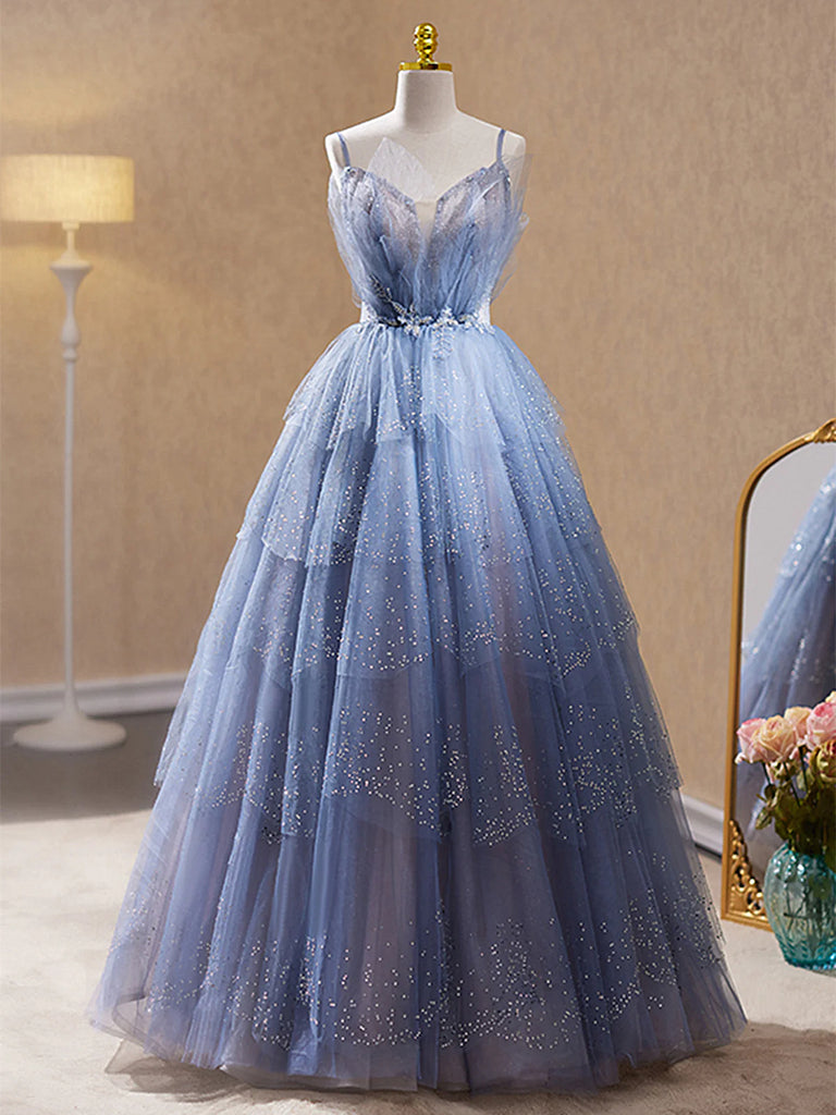 Straps Beaded V Neck Blue Lace Prom Dress, Blue Lace Tulle Long Formal jbydress Straps Beaded V Neck Blue Lace Prom Dress, Blue Lace Tulle Long Formal jbydress