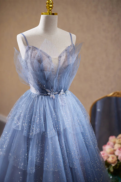 Straps Beaded V Neck Blue Lace Prom Dress, Blue Lace Tulle Long Formal Dress
