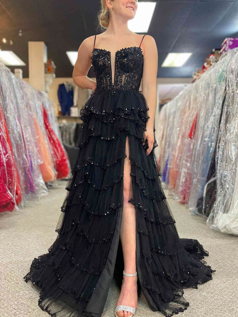 Straps Black Pink Champagne Layered Tulle Lace Prom Dresses, Black Pin jbydress Straps Black Pink Champagne Layered Tulle Lace Prom Dresses, Black Pin jbydress