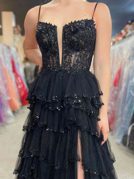 Straps Black Pink Champagne Layered Tulle Lace Prom Dresses, Black Pink Champagne Layered Lace Formal Evening Dresses
