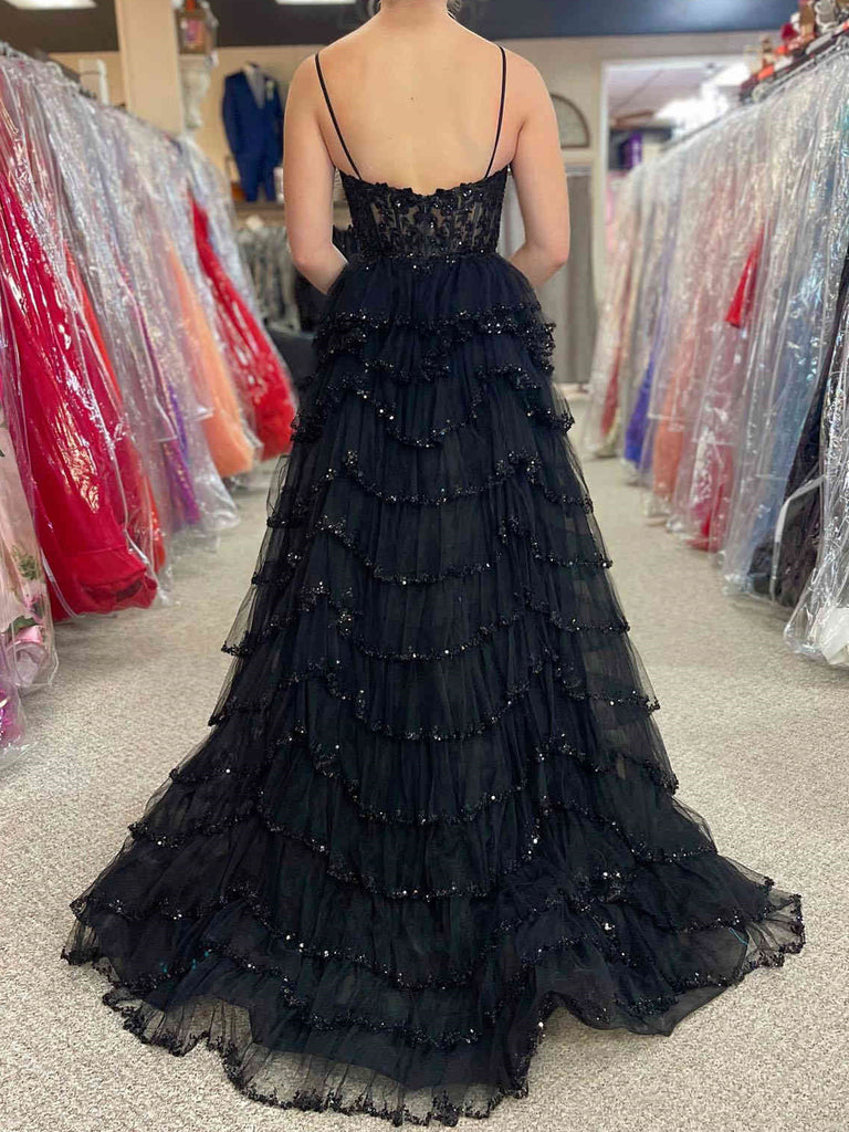 Straps Black Pink Champagne Layered Tulle Lace Prom Dresses, Black Pin jbydress Straps Black Pink Champagne Layered Tulle Lace Prom Dresses, Black Pin jbydress