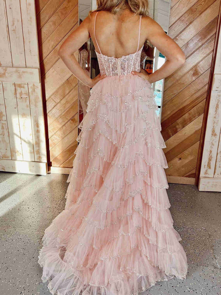 Straps Black Pink Champagne Layered Tulle Lace Prom Dresses, Black Pin jbydress Straps Black Pink Champagne Layered Tulle Lace Prom Dresses, Black Pin jbydress