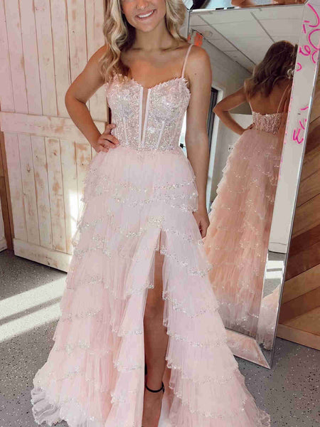 Straps Black Pink Champagne Layered Tulle Lace Prom Dresses, Black Pink Champagne Layered Lace Formal Evening Dresses
