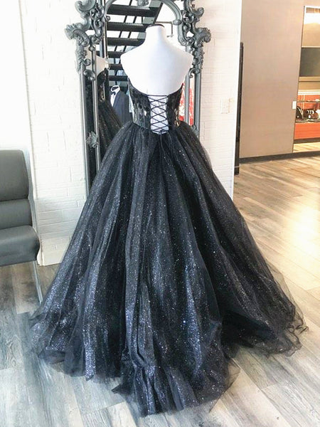 Sweetheart Neck Black Blue Long Beaded Prom Dresses, Black Blue Long Formal Evening Dresses