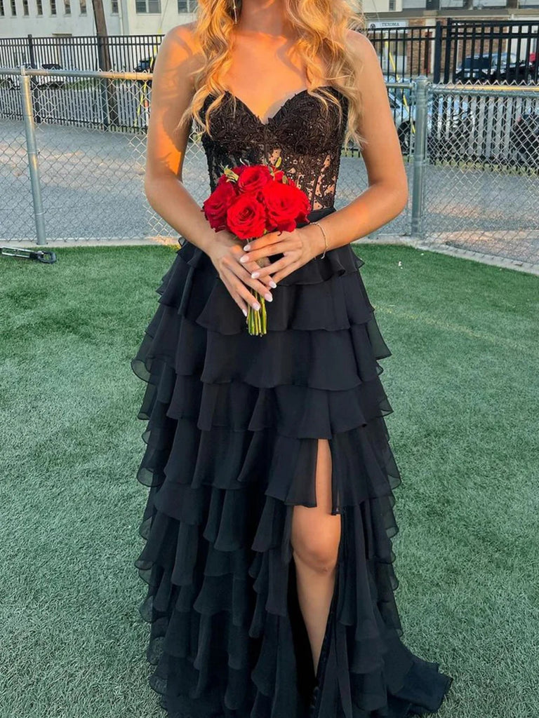 Sweetheart Neck Black Lace Layered Long Prom Dresses, Black Lace Layer jbydress Sweetheart Neck Black Lace Layered Long Prom Dresses, Black Lace Layer jbydress