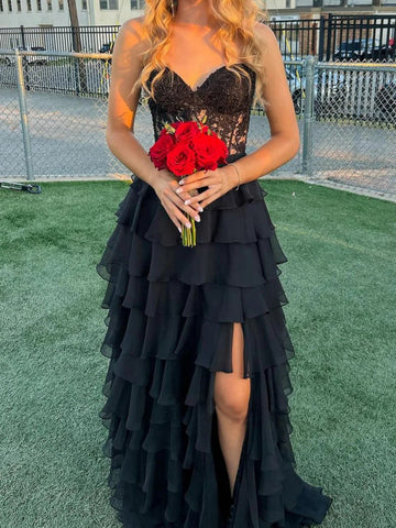 Sweetheart Neck Black Lace Layered Long Prom Dresses, Black Lace Layered Formal Evening Dresses