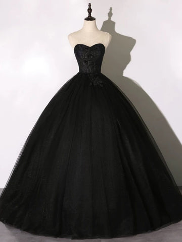 Sweetheart Neck Black Lace Prom Dresses Ball Gown, Black Lace Long Formal Dresses