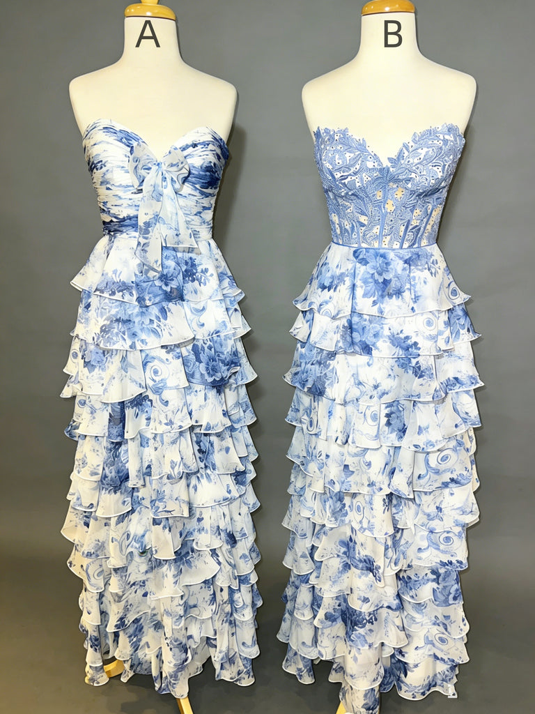 Sweetheart Neck Blue Floral Long Prom Dresses, Blue Floral Long Formal Evening Dresses