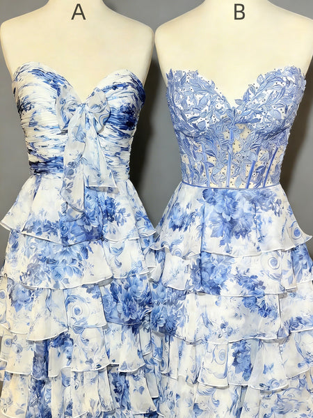 Sweetheart Neck Blue Floral Long Prom Dresses, Blue Floral Long Formal Evening Dresses