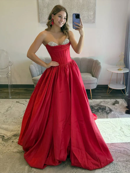 Sweetheart Neck Burgundy Beaded Satin Long Prom Dresses, Wine Red Beaded Long Formal Evening Dresses